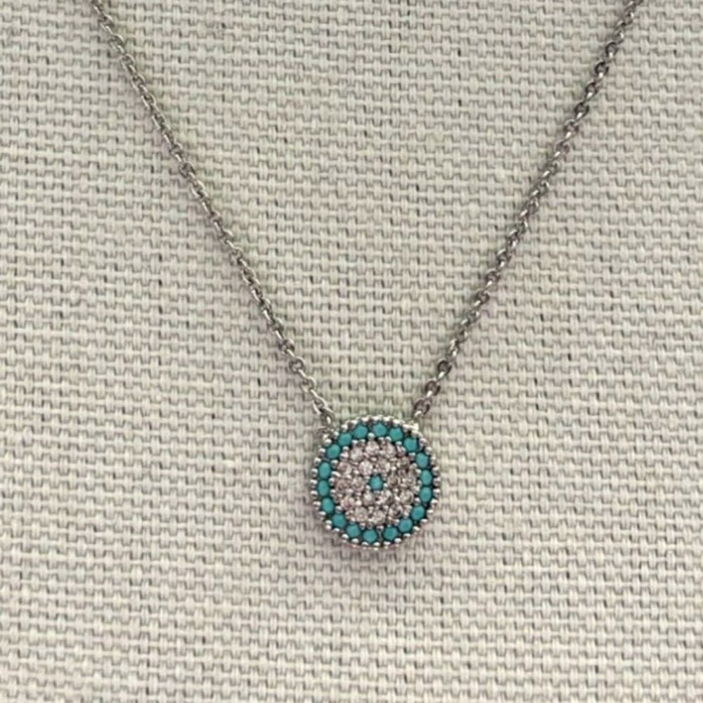 Silver Evil Eye Pendant Necklace With Turquoise & White Cubic Zirconia Stones 1